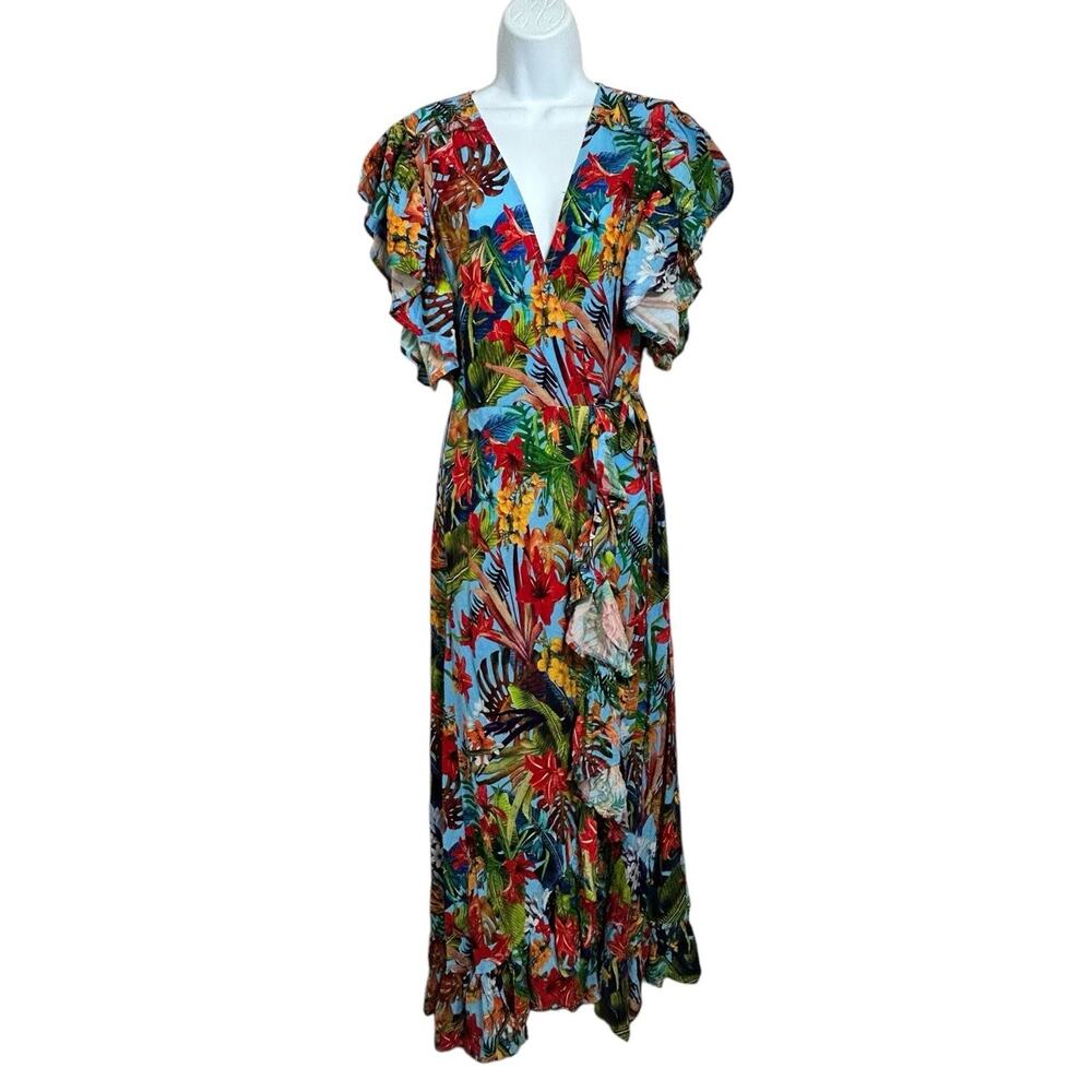 Bali ELF Made By Hand Carmen Floral Tiered Wrap Maxi Dress Sz XL Jungle Oasis - Picture 8 of 10